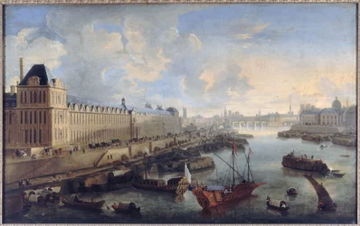 The Grande Galerie du Louvre, the Pont-Neuf, the Cité, the Collège des Quatres-Nations, circa 1670, on the Seine the royal galley, present-day 1st and 6th arrondissements, between 1670 and 1685