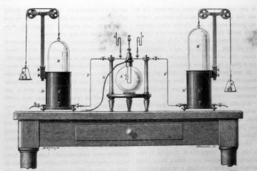 Lavoisier and Laplace Apparatus for the Formation of Water by Means of Oxygen and Hydrogen Gases Burning in a Glass Flask (19th century engraving)