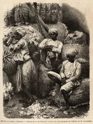 The Parsi workers at rest, at the cotton market in Bombay. Engraving to illustrate the voyage in the meridional provinces of India, by Alfred Grandidier, in 1862-1864, published in 