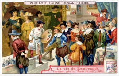 Liebig Chromolithography on the Life of Rembrandt (1606-1669), Dutch Painter. Here the Night Watch in 1642