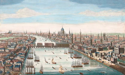 London in the 18th Century, View up the River Thames to London Bridge and St Paul