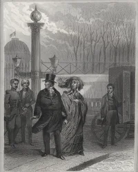 Louis Philippe and his family outside the Tuileries Palace - Abdication of Louis-Philippe I, February 24, 1848 and establishment of the Second Republic - Revolution of February 1848. The people stormed the Tuileries on February 24, 1848 following the king