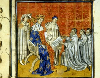 Louis X grants a charter to the Jews of the kingdom - Redemption by the Jews, in 1315, of their right to return to the kingdom of France after the expulsion of 1308 by Philip the Bel. They are identifiable by the white and red wheel. Illumination