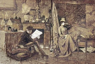 Madame Sulking, Couple, He is Reading the Newspaper and She is Sitting on the Sofa and is Offended