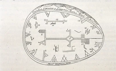 Magic drum of shamans in Lapland, illustration of a book on Linne