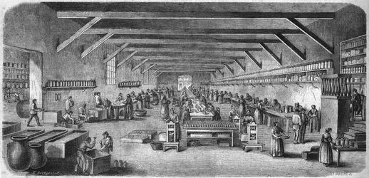 Manufacture of mustard and canned food at Louit Freres in Bordeaux. Bottles and packaging room. Engraving from 1865.