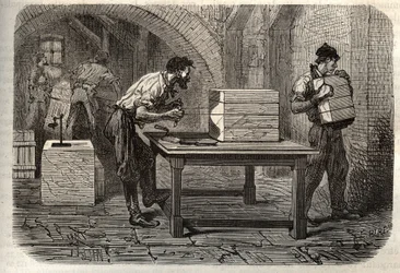 Manufacture of soap - Cutting a soap loaf from Marseille into bars, using a wire - engraving in 