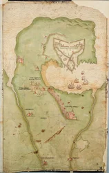 Map of Smerwick, Ireland, Showing the English Earthwork with Two Guns for Attacking the Spanish Fort and English Soldiers Marching Out of Castell More