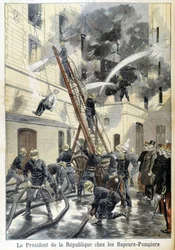 Meeting of the President of the Republic Felix Faure, with the Firefighters During an Intervention Against a Fire. Illustration of the “small newspaper” of 1898