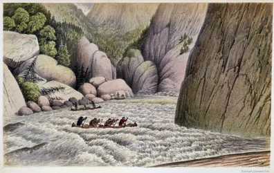 Men Canoeing Descending Rapids: An Escape at the Fourth Rapid - in Exploration of the Labrador Peninsula by Hind, London