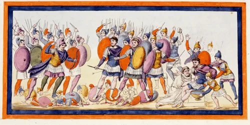 Menelaus, a Greek warrior, has just been wounded by an arrow of an ally of the Trojans. The Iliad, song IV. Engraving from the end of the 18th century