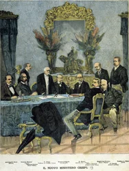 Ministers of the new Crispi government: from left to right Admiral Morin, General Mocenni, Francesco Crispi, Senator Calenda, P. Boselli, Sidney Sonnino, Maggiorino Ferraris, G. Faccelli and Senator A. Blanc