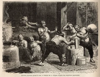 Mitrons pounding rice, before it is brewed to make rice beer. Engraving to illustrate the voyage to Japan, by Aime Humbert, minister of the Swiss Confederation, in 1863-1864, published in Le tour du monde 1869, edited by Edouard Charton, edition Hachette