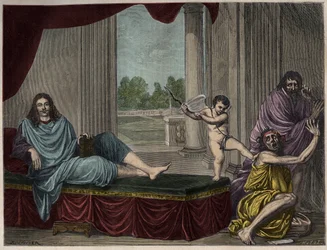 Moliere Jean Baptiste Poquelin (1622-1673) Evoking the Genie of Comedy to Cast Down Vice and Hypocrisy - Engraving after a Painting from the 17th Century