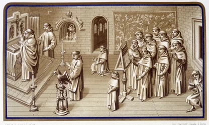 Monks in a Chapel of the Monastery: Prayer and Choir. Grisaille of the Miracles of Our Lady. Chromolithography. 19th century