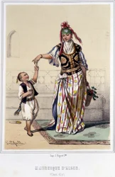 Moorish woman accompanied by a child at home in Algiers during the second half of the 19th century.