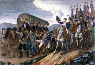Napoleon salutes wounded soldiers (engraving)
