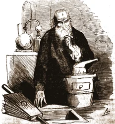 Nicolas Flamel (1330 - 1418) in his laboratory.