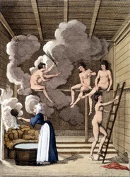 Nude Characters in a Finnish Sauna. Engraving from 1811 Includes a Book About the Journey