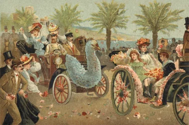 Old custom celebrated in the county of Nice: the floral corso in Nice. Chromolithography of the late 19th century.