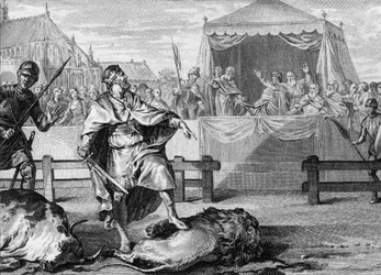 Pepin the Short proves his courage by fighting a lion and a bull in an arena, 751 (18th century engraving)