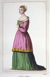 Portrait of Agnes Sorel (1422-1450) (Lady of Beauté-sur-Marne). Favorite of King Charles VII. Engraving from 1830