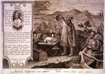 Portrait of Amerigo Vespucci (1454 - 1512), Italian navigator, represented while using an astrolabe. In a box on the left is a portrait of Dante Alighieri as well as a passage of the first song of the Purgatory of the Divine Comedy. Engraving of the 18th c