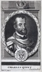 Portrait of Charles V, King of Spain and Spanish America, King of Sicily and Emperor of the Holy Roman Empire Germanic. Engraving to illustrate History of the War of Flanders, by Flamianus Strada, edition Joseph T