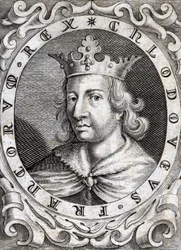 Portrait of Clovis II (? - 657), King of Neustria, Burgundy, and Austrasia. Engraving of the 18th century.