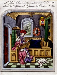 Portrait of King Rene of Anjou (1409-1480), Also Called Rene I of Naples or Rene of Sicily, in His Cabinet - Engraving After a Miniature