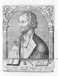 Portrait of Philipp Melanchthon (1497 - 1560), German religious reformer. Engraving