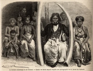 Portrait of an African ivory merchant with his wives. Drawing by Emile Bayard, to illustrate the journey to Gabon, in 1861-64, of Doctor Griffon du Bellay. Engraving in 