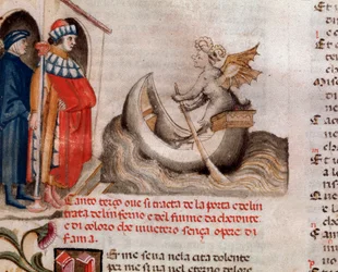 Portrait of italian poet Dante Alighieri looking at Charon his boat crossing the Acheron with the souls (song 3 from Hell, in the Divine Comedy) - miniature 15th century