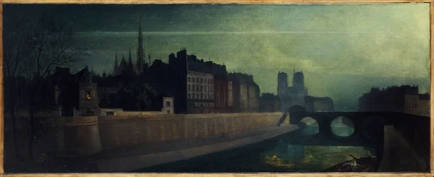 Quai des Orfèvres, Pont Saint-Michel, Notre-Dame, circa 1860; night effect, present-day 1st and 4th arrondissements, between 1855 and 1865