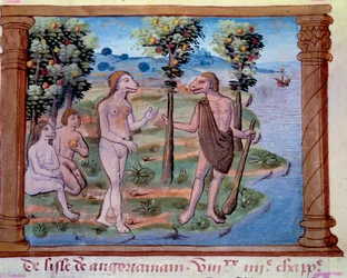 Representation of monstrous creatures with a human body and dog head. Miniature taken from 