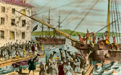 Representation of the Boston Tea Party: during the United States War of Independence: revolt of American settlers (of British origin) against taxes imposed by the English Parliament on the tea and other foodstuff