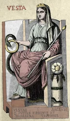 Representation of the Roman goddess Vesta, deity of the Penates (assimilated to Hestia), is the goddess of the Foyer, the countryside and the bread