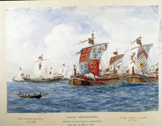 Representation of the fleet of William the Conqueror in the 11th century, ships of war, commerce, passenger transport