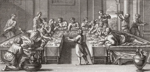 Roman triclinium, or dining room, with table and couches
