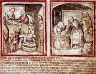 Ruth gives birth to Obed son of Boaz. Miniature from codex 212 (or padovano codice or Bible of Padua) 1390-1400 Rovigo, Accademia dei Concordi