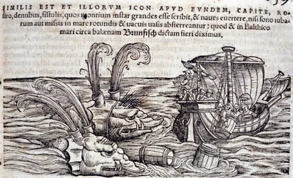Sailors throw barrels into the sea to distract monsters in pursuit. Engraving in 