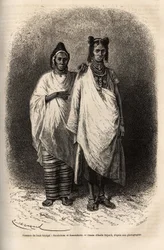 Sarakolese and Kassonkese women, populations of Upper Senegal, in traditional clothes. Engraving to illustrate a cruise on the coast of Africa