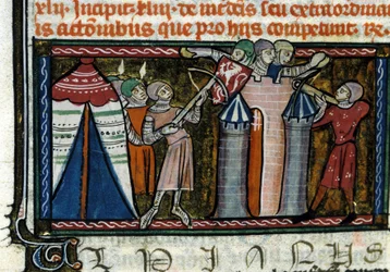 Siege of a castle. Miniature from a 13th century manuscript. Milan, Biblioteca Trivulziana