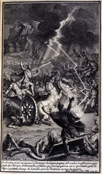 Jupiter Drops His Thunder at the Feet of the Horses of Diomede, Illustration of Book XIV of the Iliad of Homer