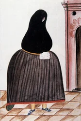 Spanish woman wearing a shale covering her face, from "Trujillo del Peru" or "Codex Martínez Compañón", by Baltazar Martinez Compañón y Bujanda, bishop of Trujillo (1782-1785)