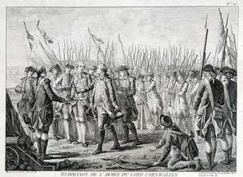Surrender of the British army of Lord Cornwallis (1738 - 1805) to America on 19 October 1781