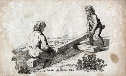 Swing: two children on a butt tape. Engraving late 18th century. Private collection.