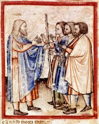 Tamar presenting Judah with the seal, the cord, and the stick he had left as security (Miniature from Codex 212 or Bible of Padua, 1390-1400)