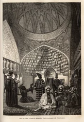 Tatars in prayer, in the Mosque of Schusha (Transcaucasia, Russia). Engraving to illustrate the voyage in the provinces of the Caucasus, by Basile Vereschaguine, in 1864-1865, published in le tour du monde, under the direction of Edouard Charton, Ha