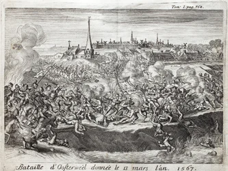 The Battle of Oosterweel, held on 13 March 1567, the first confrontation of the War of Eighty Years. Engraving to illustrate History of the War of Flanders, by Flamianus Strada, edition Joseph T